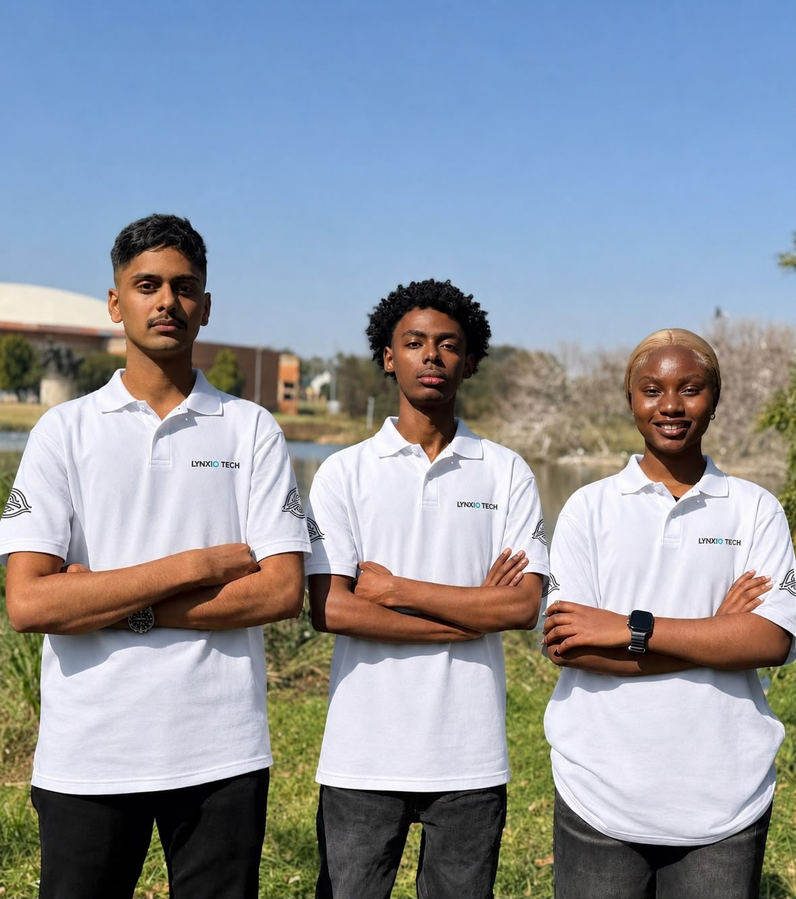 The three founders of Lynxio Tech standing together in branded white Lynxio Tech polo shirts